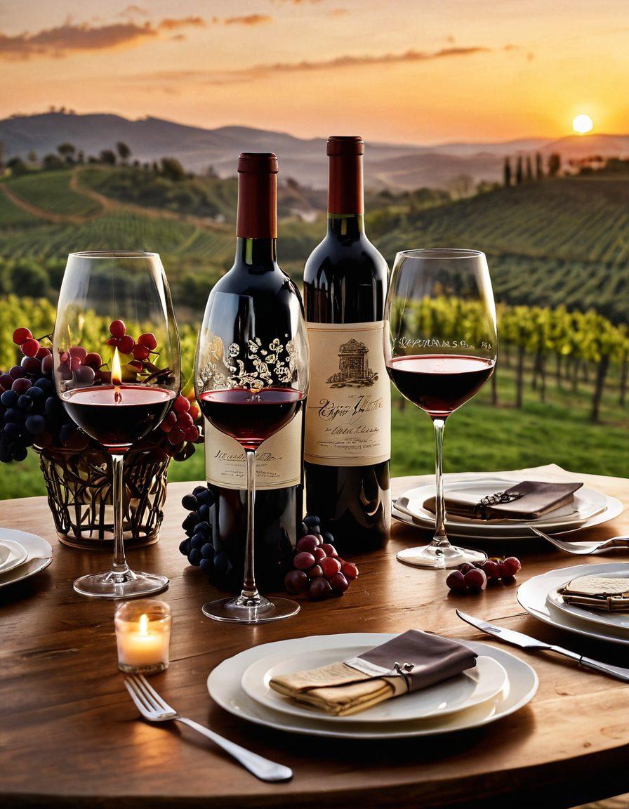 A beautifully set wooden table with an array of luxurious wine glasses filled with rich red and white wines. Surrounding the table are elegant wine bottles showcasing intricate labels and artistic designs. Soft candlelight reflects off the glass surfaces, creating a warm ambiance. In the background, a vineyard can be seen with rolling hills under a vivid sunset, highlighting the craftsmanship of winemaking. super-realistic. vibrant colors. warm lighting.