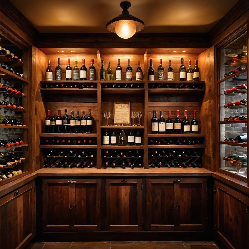 A beautifully arranged wine cellar showcasing a mix of vintage and contemporary wine bottles, rustic wooden shelves adorned with intricate carvings, soft ambient lighting casting a warm glow, and a backdrop of lush vineyards through a large window. Include elements of delicate wine glasses and artistic wine labels to emphasize the elegance of wine creation. super-realistic. vibrant colors. soft focus.