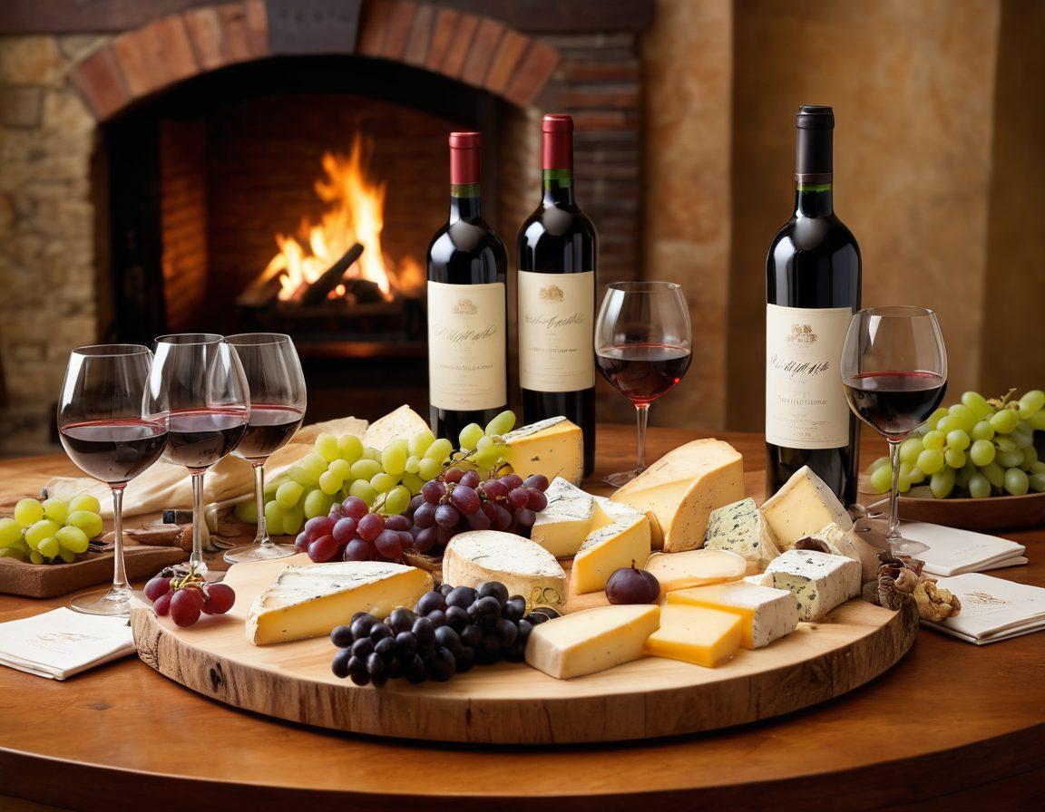 A beautifully arranged wine tasting table in an elegant setting, showcasing premium bottles of red and white wines, surrounded by wine glasses filled with colorful, fragrant samples. Highlight elements like artisanal cheese, grapes, and rustic wooden accents to evoke a sophisticated ambiance. Soft, warm lighting bathes the scene, enhancing the overall luxurious feel of the wine experience. super-realistic. vibrant colors. elegant background.
